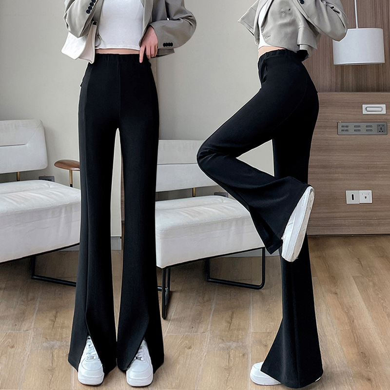 Black Micro Flare Pants Women's Spring and Summer New Elastic Waist Split Suit Pants Casual Draping Narrow Wide-Leg Pants