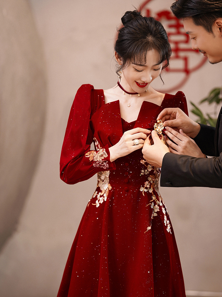 敬酒服新娘2021新款冬季孕妇酒红色结婚小个子晚礼服裙女平时可穿