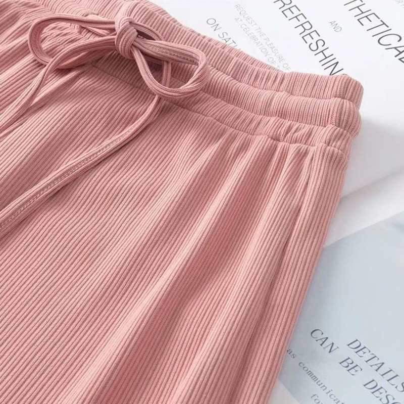 Women's Wide-Leg Pants Summer High Waist Slimming All-Matching Loose Ice Silk Knitted Striped Draping Mop Straight Casual Pants