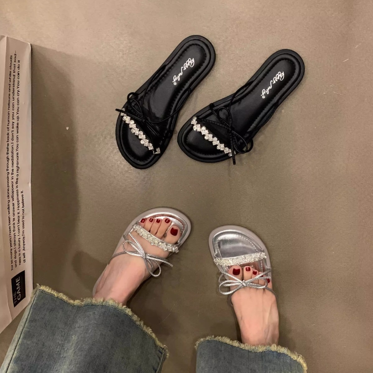 仙女风法式平跟银色凉拖外穿夏季一字钻带蝴蝶结方头平底拖鞋女