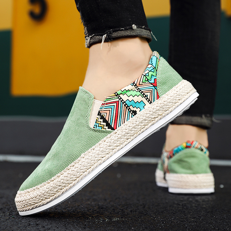2023夏季懒人一脚蹬时尚休闲鞋草编灯芯绒布鞋男厚底透气网布鞋子