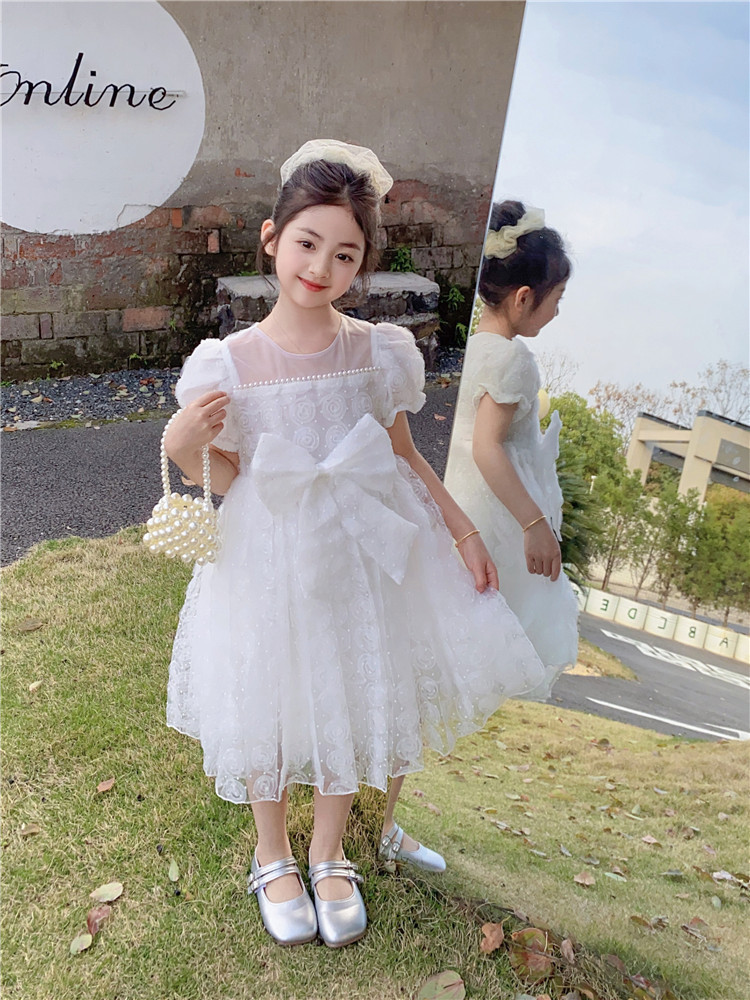 新款2024裙子小女孩蝴蝶结女童白色连衣裙纱裙夏夏装短袖儿童夏季