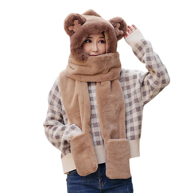 Autumn and Winter New Cute Bear Ear Scarf Female Thickened Fleece Warm Gloves Hat Scarf Integrated Three-Piece Set