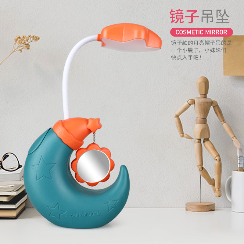 New Cartoon Moon Led Pen Container Table Lamp Mirror with Clock Pencil Sharper Student Charging Small Night Lamp Printed Logo