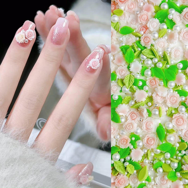 月季玫瑰花美甲饰品粉色立体花朵树脂大小号珍珠混装指甲配饰批发