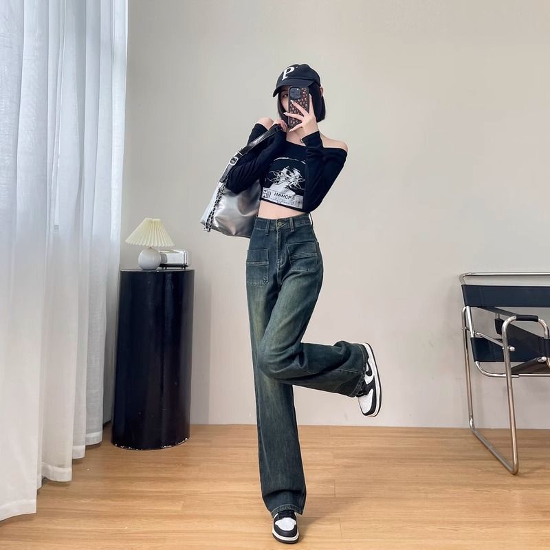Retro Straight Jeans for Women 2023 Spring and Autumn New Design Sense Pocket Loose Wide-Leg Pants Draping Mopping Pants Fashion