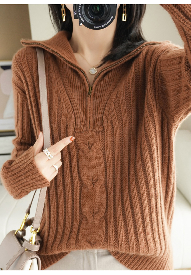 2022春秋跨境女士针织衫韩版半开领拉链打底衫大翻领毛衣一件代发