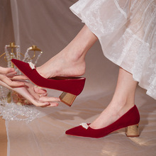 媚爱礼服鞋 孕妇可穿酒红色高跟鞋礼服鞋中跟新娘鞋冬季珍珠单鞋