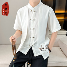 常熟龟先生男装新中式国风夏季短袖唐装假两件盘口中国风双鹤刺绣