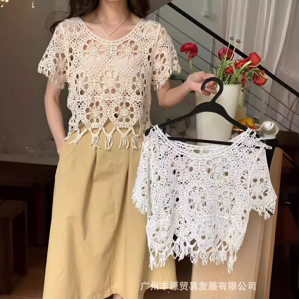 夏季新款钩花镂空流苏短袖女夏圆领短款针织衫