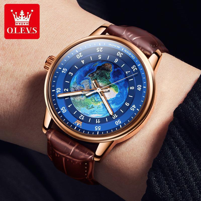 劳力瑞士手表男蓝色星球正品名牌真皮带男全自动机械表石英表防水