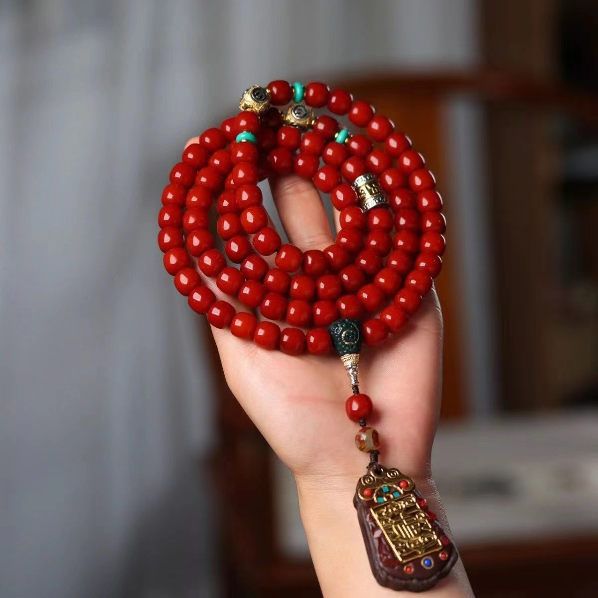 直播供应回流料 墨玉色南红色桶珠88颗男女款脖挂民族风佛珠饰品