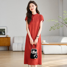 红色改良女装旗袍2024年新款夏季桑蚕丝薄款短袖连衣裙文艺风裙子