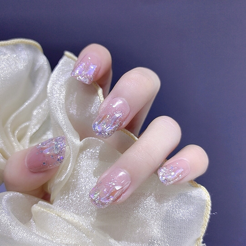 b317彩虹精灵中长方圆温精灵穿戴甲彩闪粉手工光疗美甲成品假指甲