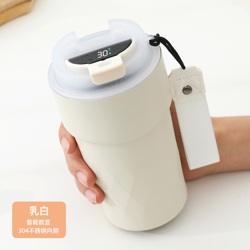 New Smart Temperature-Showing Rhombus Coffee Cup Girl Good-looking Thermos Cup with Rope Handle Portable Vehicle-Mounted Cup with Straw