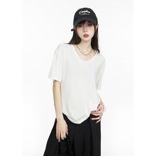 2024韩版白色短袖t恤女夏季简约时尚小个子大u领内搭打底上衣