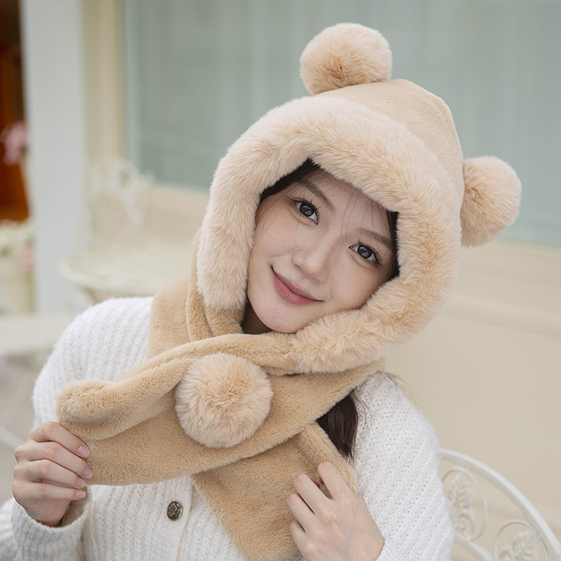 Winter New Thickened Warm Hat Scarf Integrated Cute Bear Ear Scarf Cross-Style Earflaps Slipover Hat
