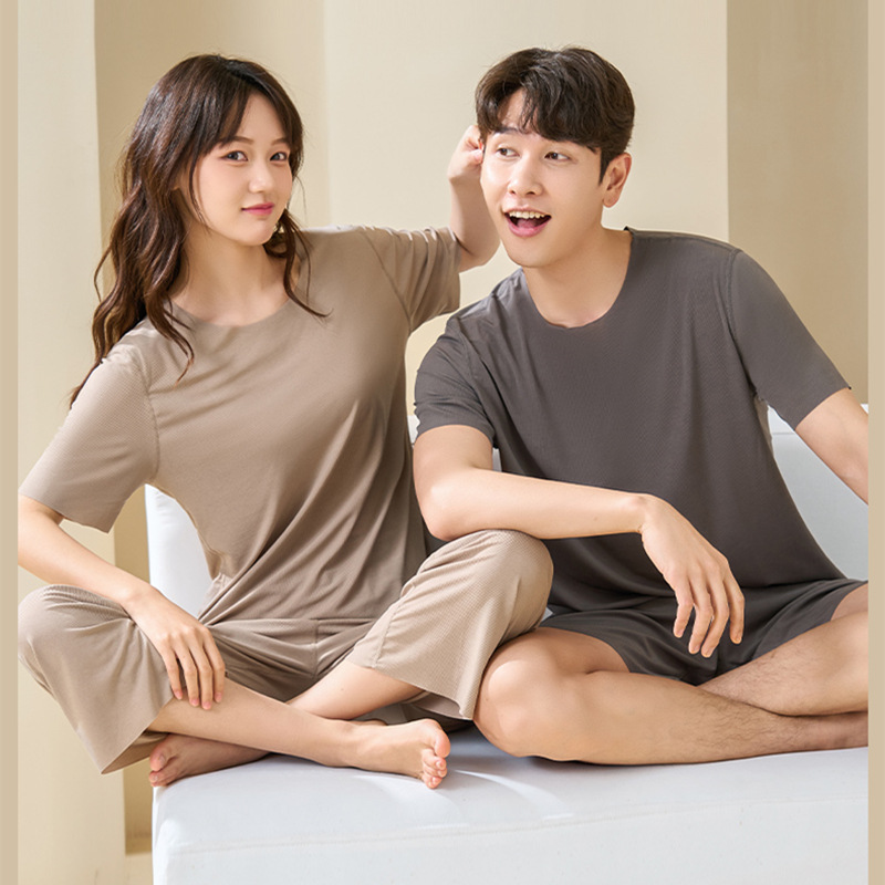 Ice Silk Couple Pajamas Women's Summer Thread Thin Short-Sleeved Trousers Can Be Worn outside Quick-Drying Men's Home Wear Suit