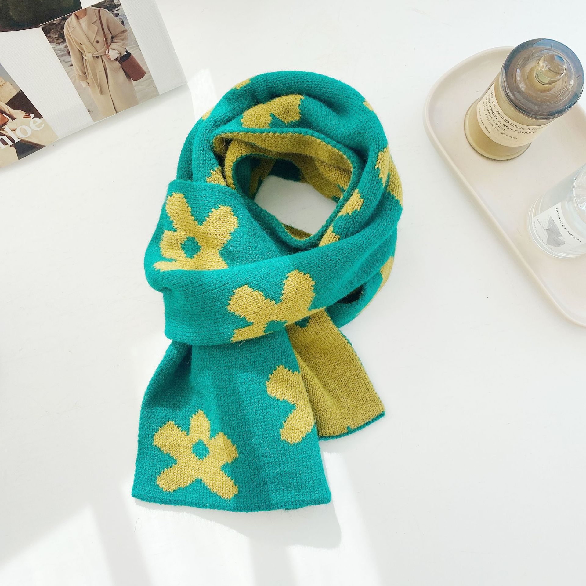 Double-Sided Small Flower Knitted Wool Scarf Female Autumn and Winter Black and White Korean Style Versatile Student Spring and Autumn Artificial Cashmere Scarf