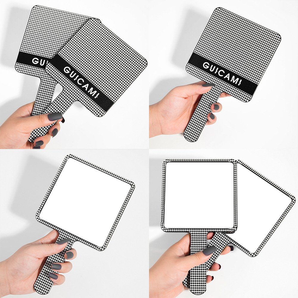 guicami千鸟格手持化妆镜高清美容院手柄镜便携随身补妆方形镜子-阿里