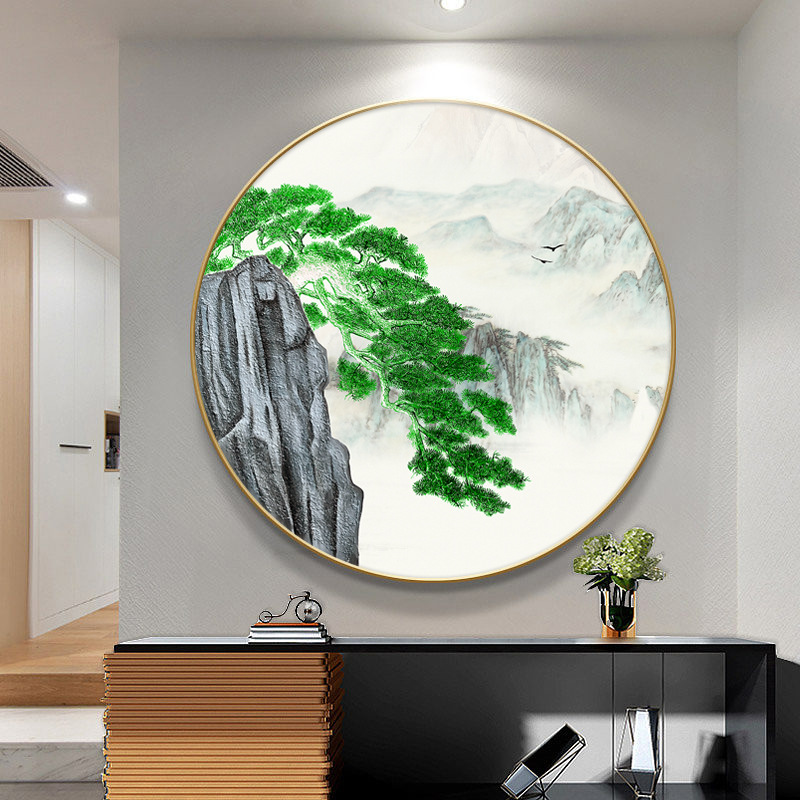 迎客松山水轻奢圆形挂画浮雕立体玑理画入户玄关客厅新中式装饰画
