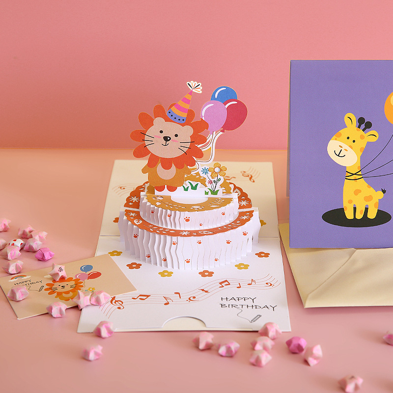 Ins Same Korean Style Cute Bear Bunny Birthday Cake Cartoon Creative Commemorative Stereoscopic Greeting Cards Birthday Greeting Card