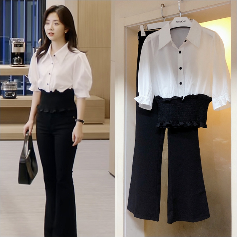 2022新款谭松匀明星同款气质高腰喇叭牛仔裤套装泡泡袖黑白衬衫女