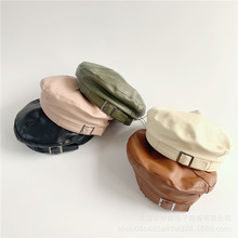 韩范个性纯色pu皮海军风时尚儿童时装帽男女童宝宝潮流洋气贝雷帽