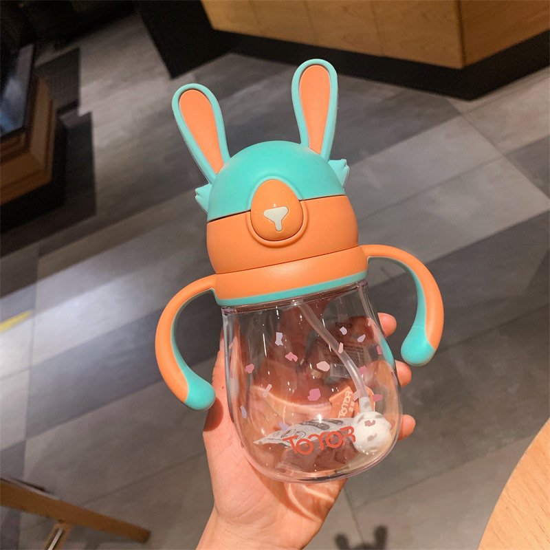 Children's Cute Cartoon Plastic Cup Ins Summer Simplicity Portable Crossbody Cup with Straw Baby Learns to Drink with Handle