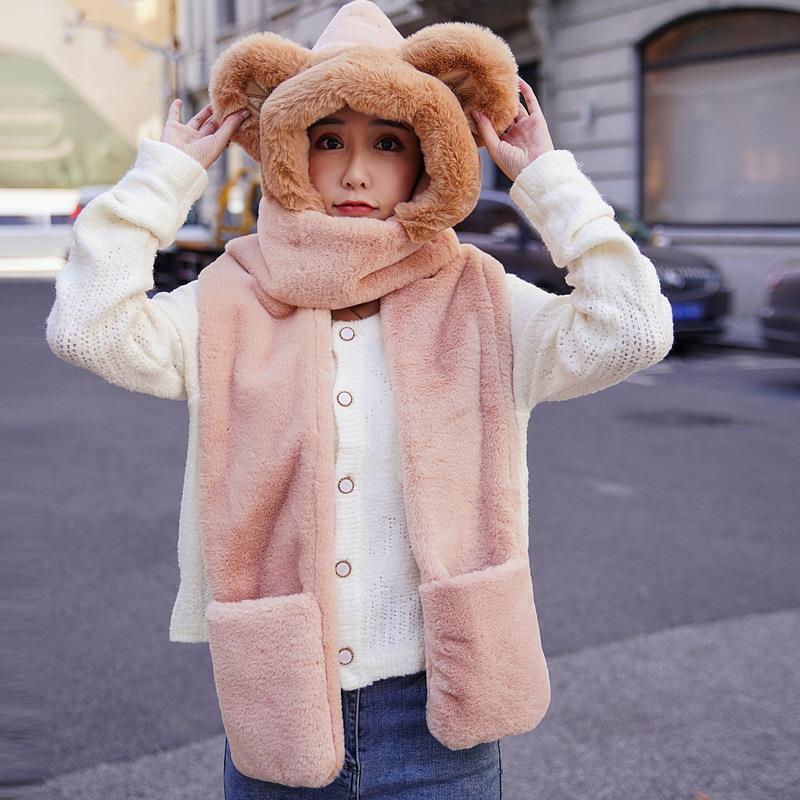 Autumn and Winter New Cute Bear Ear Scarf Female Thickened Fleece Warm Gloves Hat Scarf Integrated Three-Piece Set