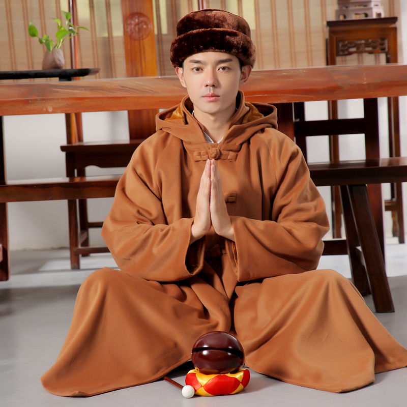 带袖长款披风居士服道服冬季禅修打坐外套佛教连帽斗篷道士厚长袍