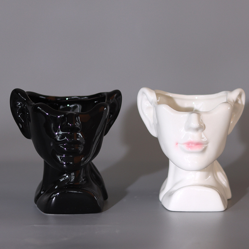 跨境电商室内桌面陶瓷花瓶白色人头人脸头像创意人体艺术鲜花花器