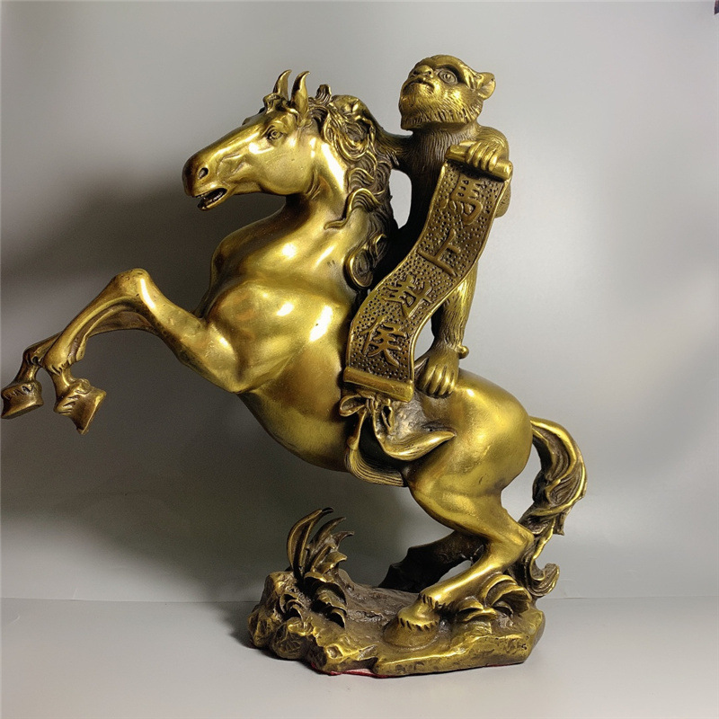 黄铜马上封侯大小号手持令旗马上封侯十二生肖铜马猴家居饰品摆件