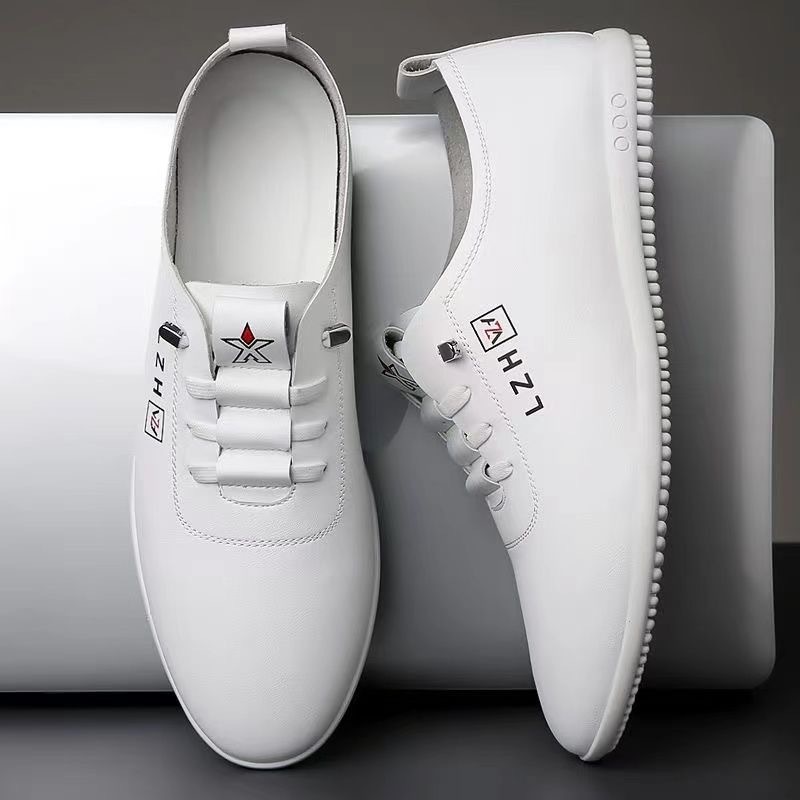 Genuine Leather Soft Bottom Men's New Fashion White Shoes Breathable Korean Style Casual Non-Slip Gommino Board Shoes Fashionable Leather Shoes