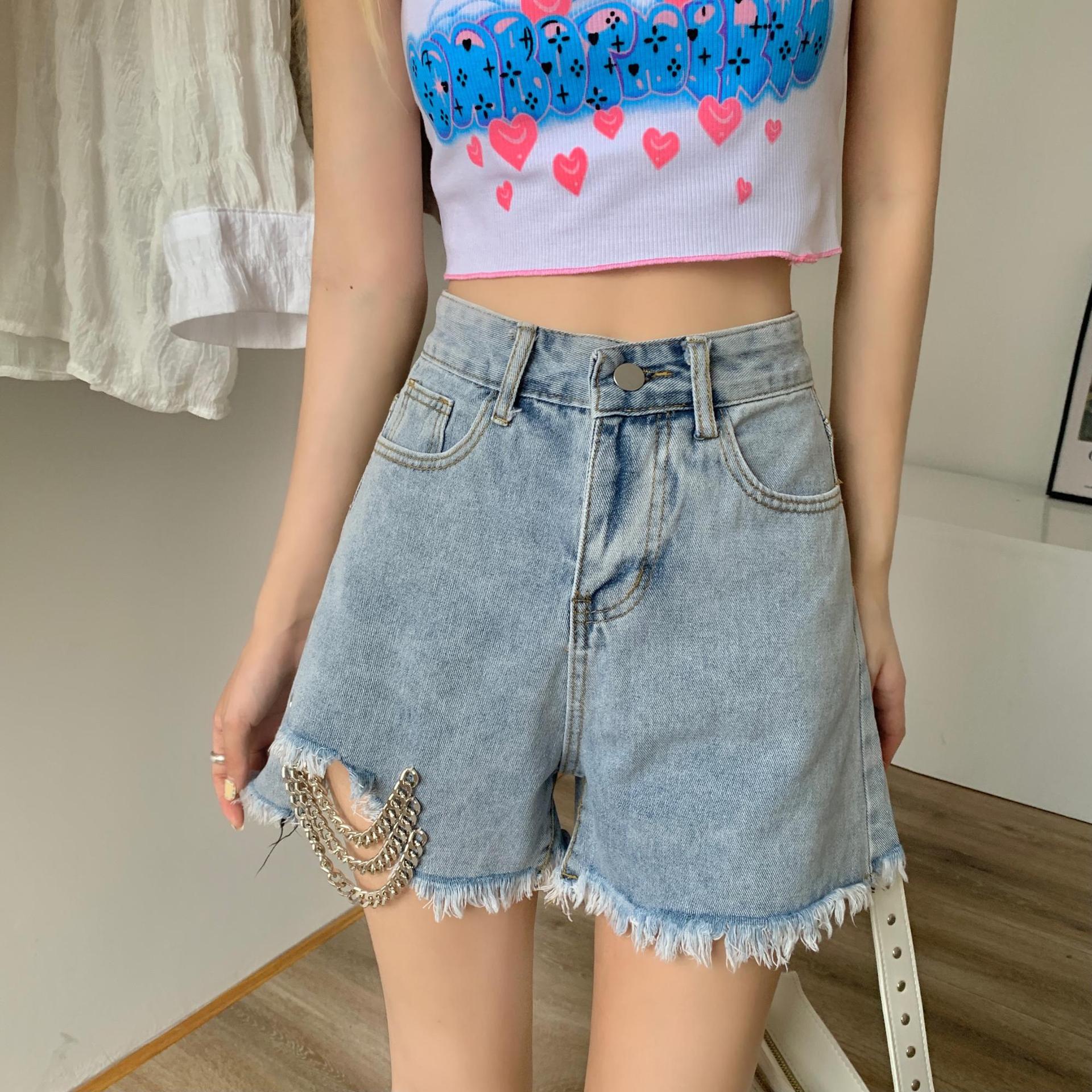 欧洲站高腰牛仔短裤女夏2021新款宽松复古毛边挂链a字阔腿热裤潮