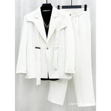 韩国时尚设计感拼接披肩飘带西服套装男士个性潮流西装裤子两件套