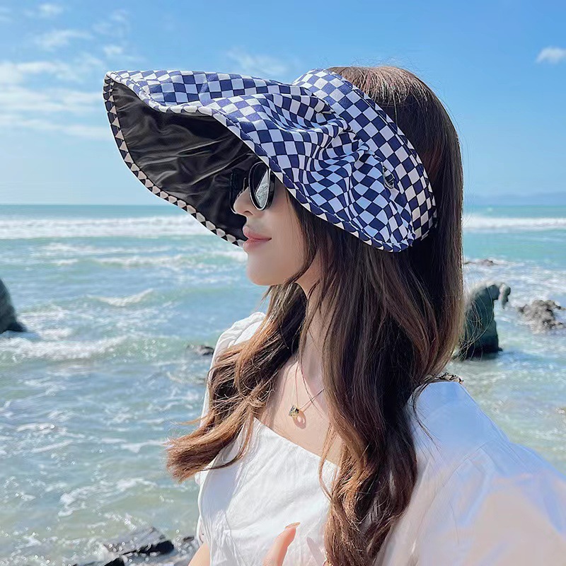 New Black Rubber Cap Plaid UV Protection Hat Female Summer All-Match Soft Beach Hat Sun Protection Hat Wholesale