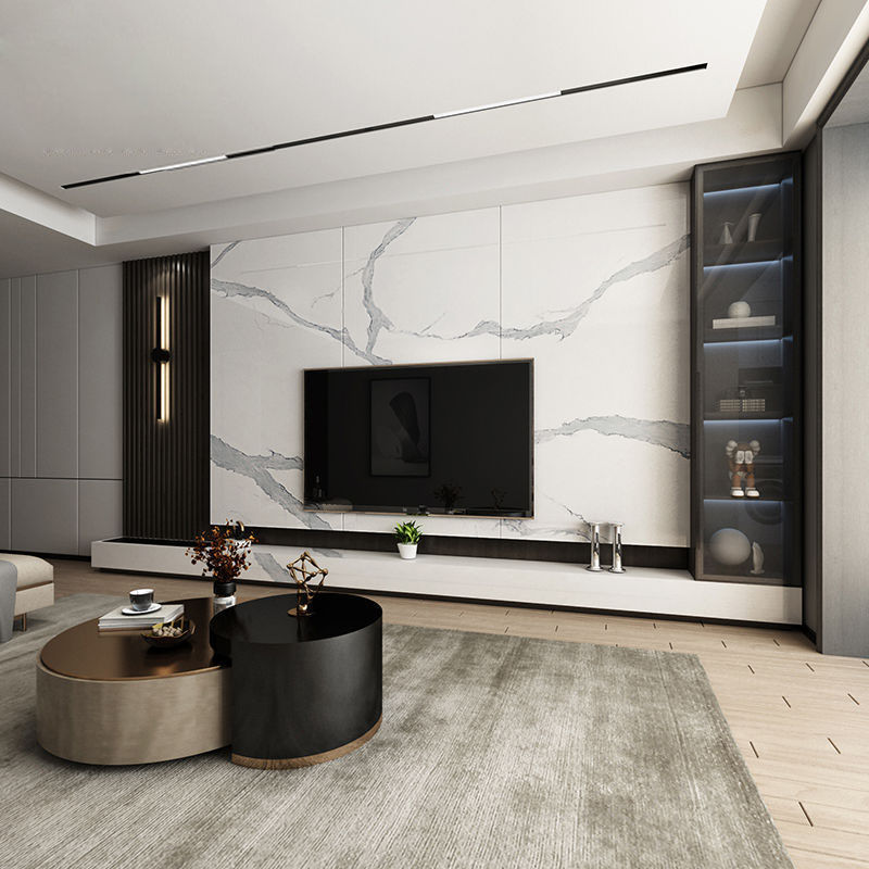 岩板电视背景墙轻奢大理石客厅瓷砖简约现代木格栅悬空电视墙内嵌