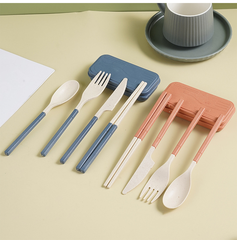 日式小麦秸秆餐具刀叉勺筷子三件套折叠便携餐具收纳盒礼品套装