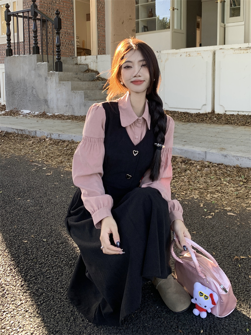 法式长裙背带连衣裙时尚套装女春季粉色灯芯绒减龄学院上衣两件套