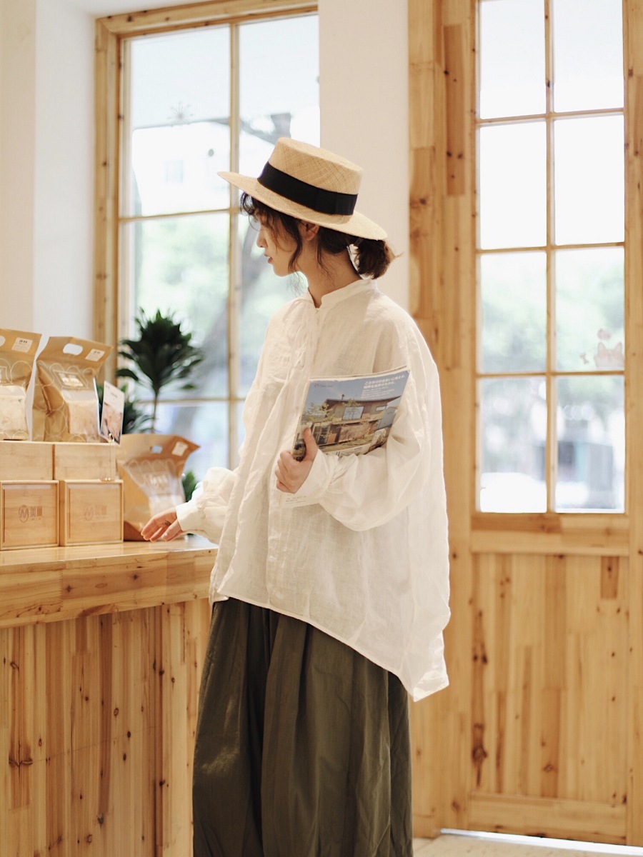 文艺女装森系上衣女复古娃娃衫系绳甜美可爱宽松褶皱日系棉麻衬衫