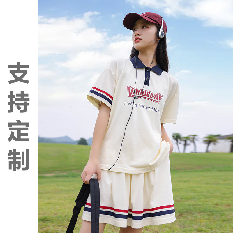 高中生夏装少女新款2023初中生短袖套装裙米色复古大童运动230158