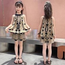 女童中国风山水黛套装夏季无袖复古上衣洋气短裤小女孩雪纺两批发