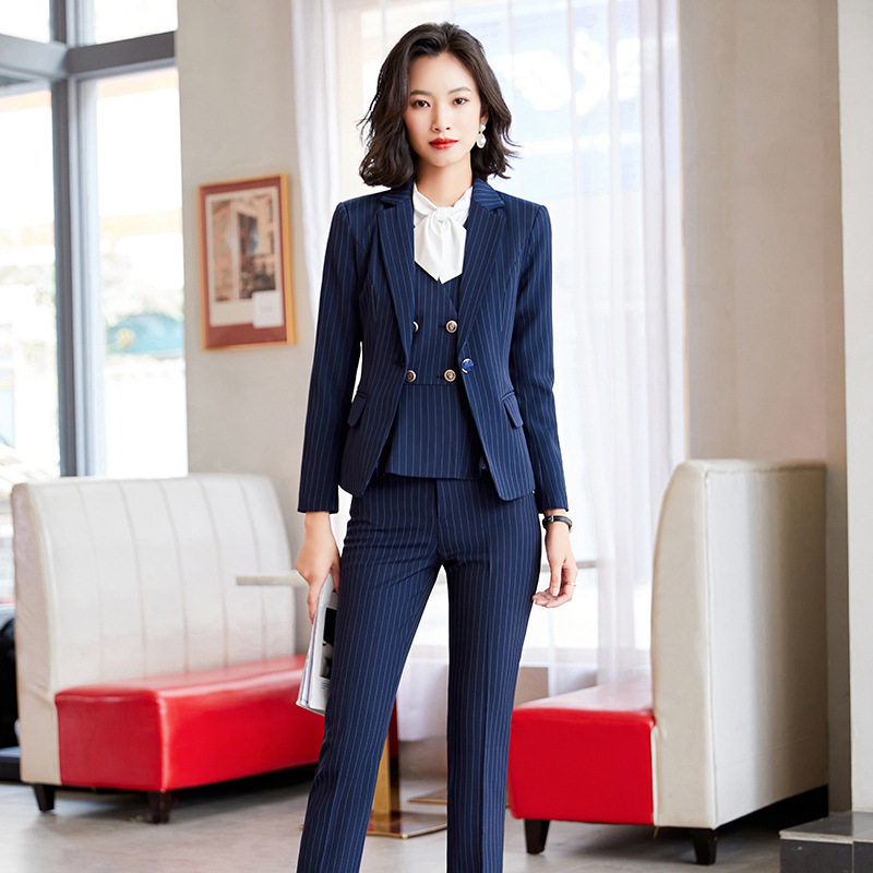长袖条纹西服套装女职业女装套装美容珠宝金铺房产家居工作服制服