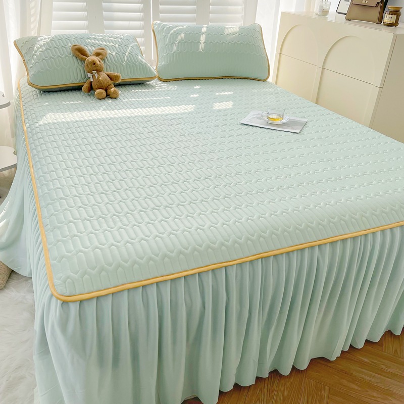 Bed Skirt Latex Three-Piece Set of Summer Sleeping Mat Foldable Printing Cool Silk Fabric Cooling Mattress Ice Silk Gift Mat Group Purchase Wholesale