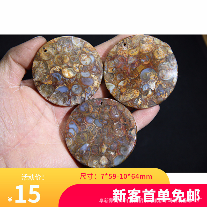法螺玛瑙圆牌 蜗牛化石至真至纯 饰品吊胆