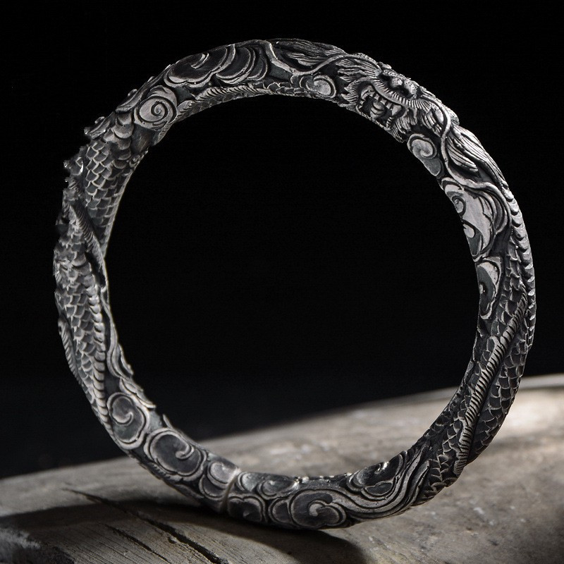 足银男款纯银手镯 云南手工雪花银镯 单龙头纹银手镯新款霸气手镯