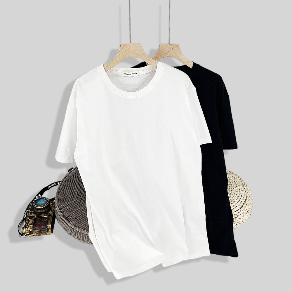 圆领t恤男女同款宽松落肩袖 oversize韩版精梳棉短袖夏季纯色白t