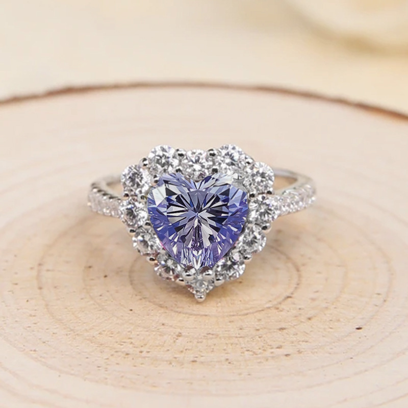 隆隆金珠宝新款高碳钻925纯银戒指镶嵌8*8心形薰衣草紫浪漫满钻