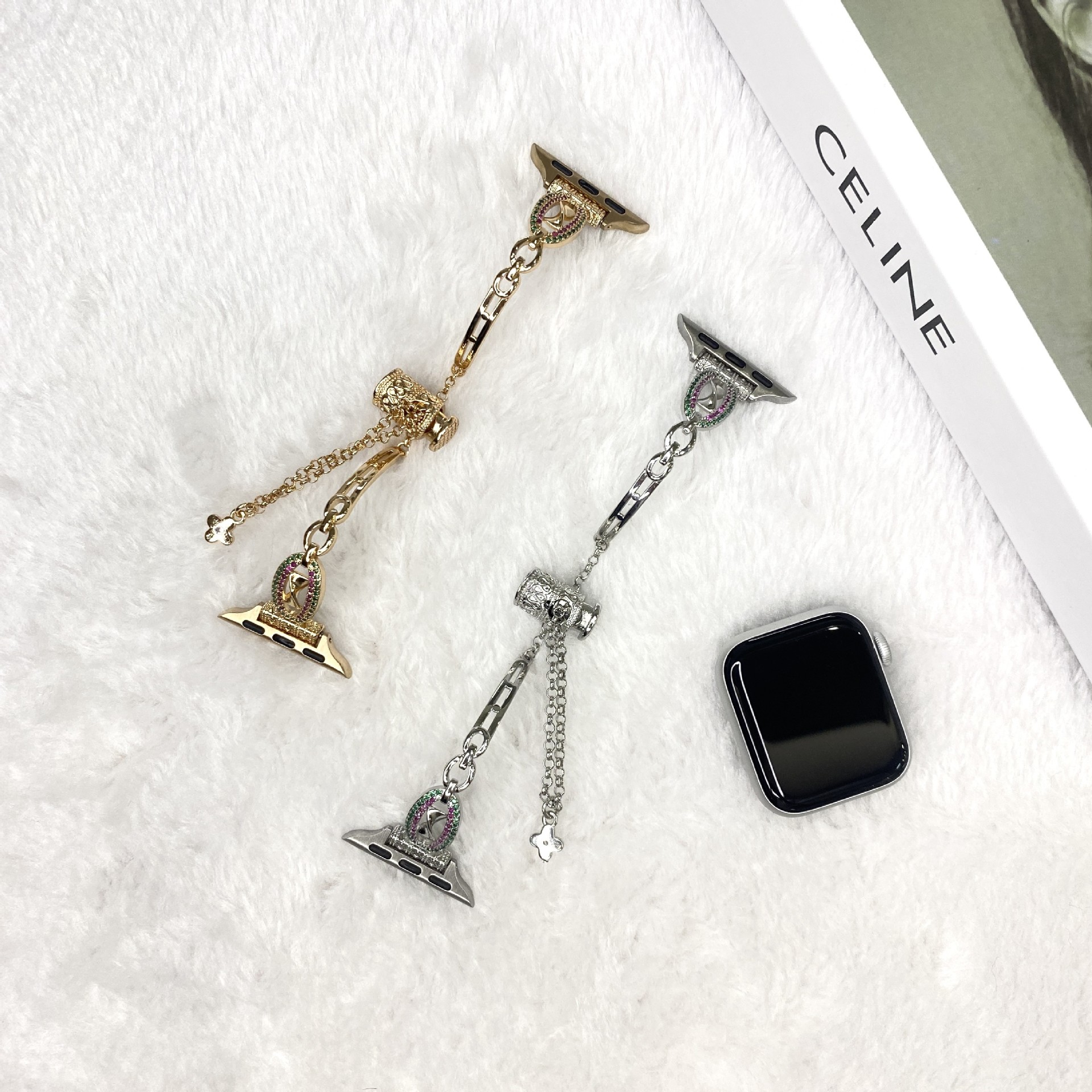 适用苹果手表表带iwatch9-1 se环扣镶钻表带apple watch8金属表带